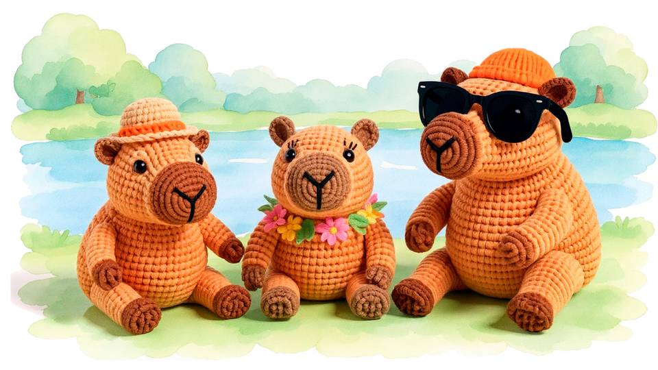 Tres amigurumis capibara sentados junto a un lago en un cuento