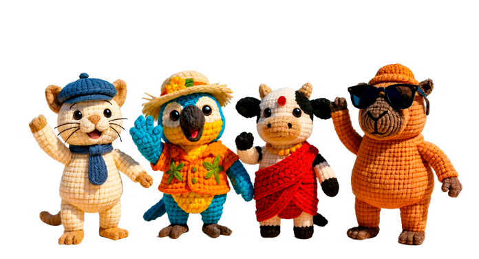 Grupo de personajes Amigurumis saludando