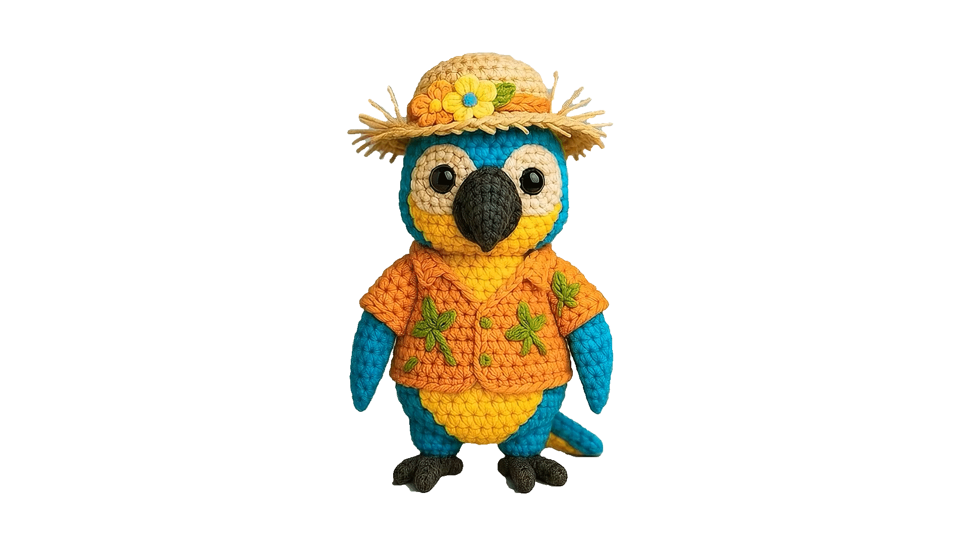 Blui, un loro amigurumi vestido de colores vibrantes realiza un movimiento alegre